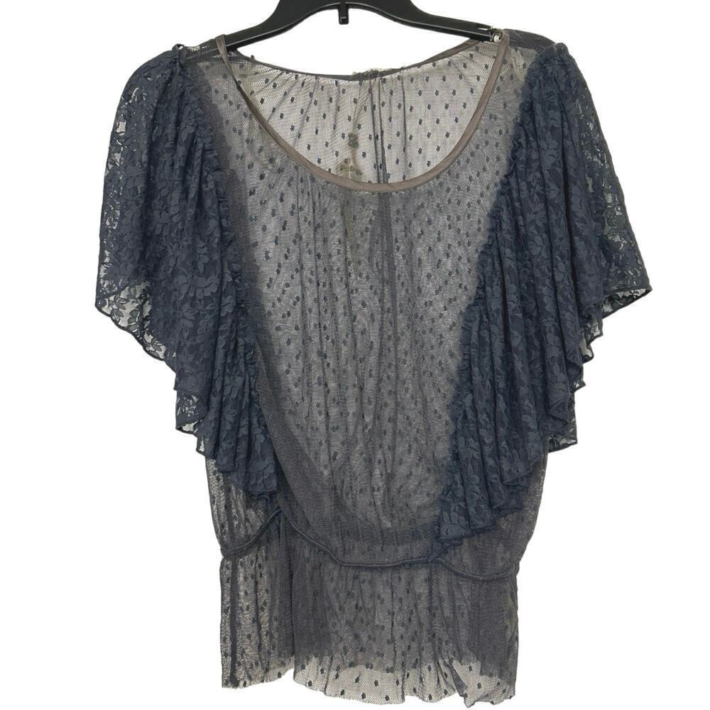 gimmicks by BKE Navy Sheer Lace Flutter Sleeve Blouse